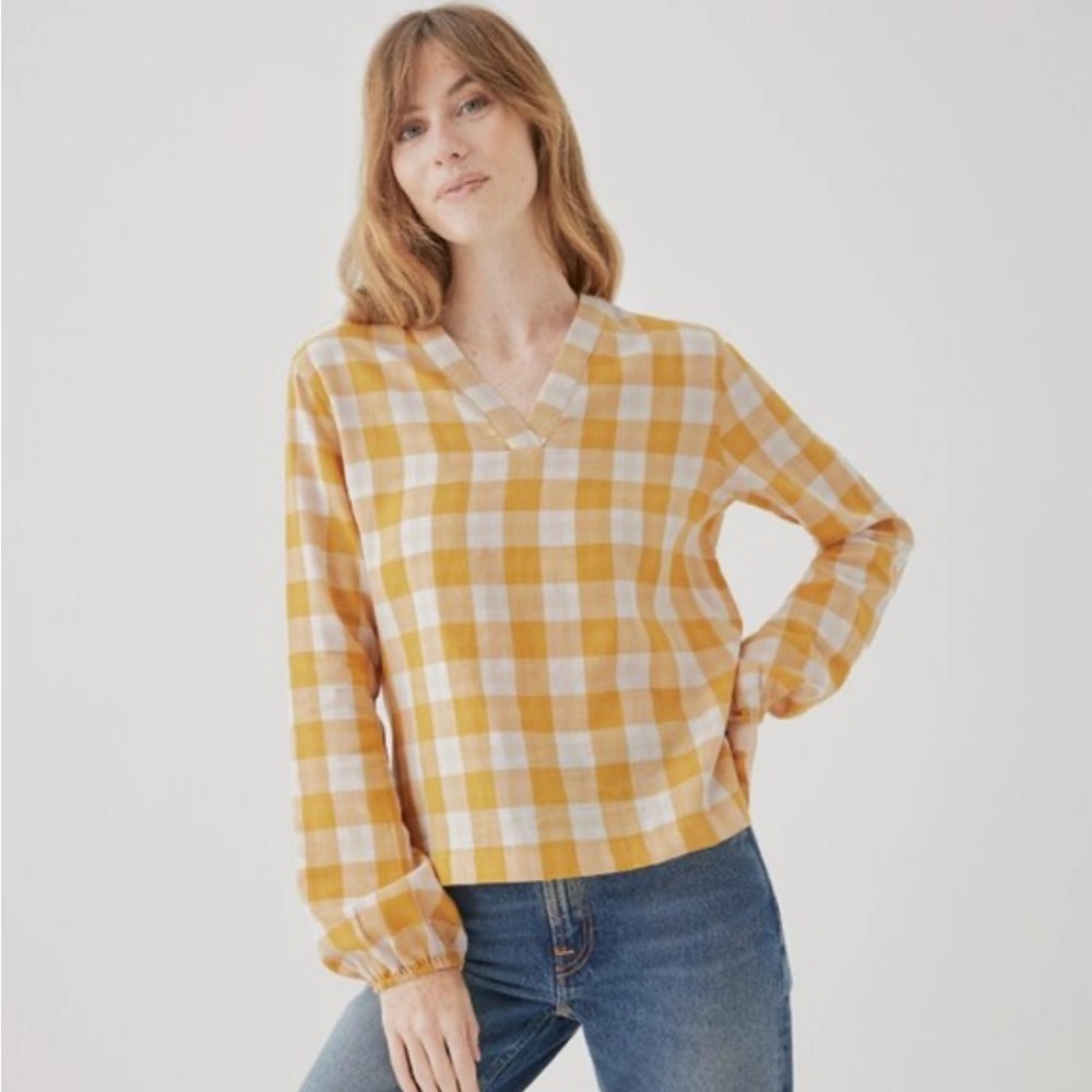 NWOT Pact Coastal Daily Organic Cotton Gingham Double Gauze V-Neck Top Yellow M - Picture 3 of 16